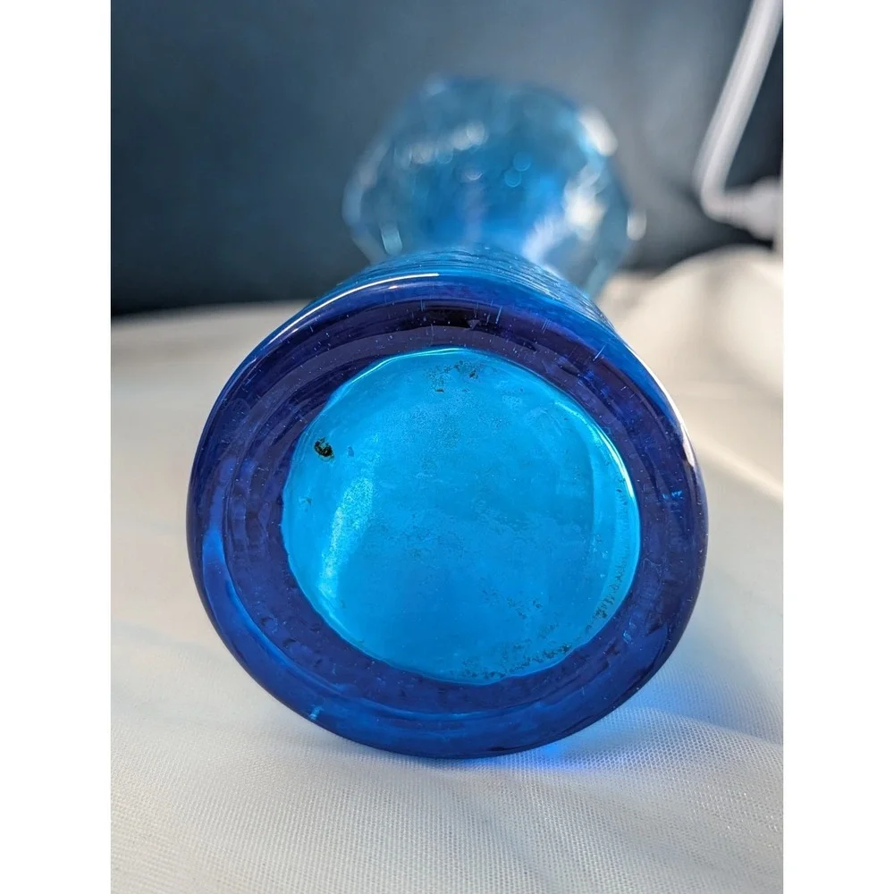Mid Century Blue Crackle Glass Vase | Ruffled Tri Corner Blown Glass